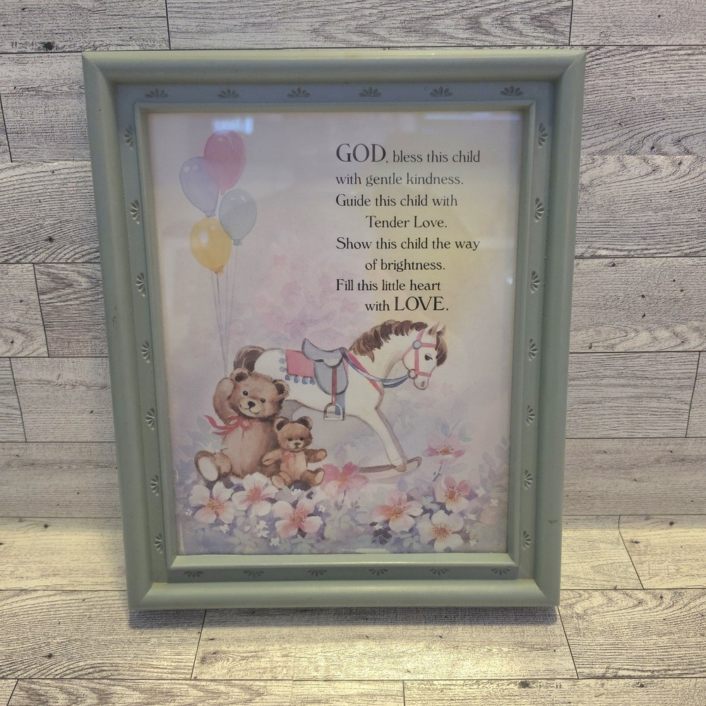 Vtg. 1990 Homco Blue Frame 1989 Litho Bedtime Prayer Balloons‎ Teddy Bears 9x11